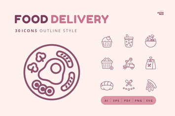30 Icons Food Delivery Outline Style
