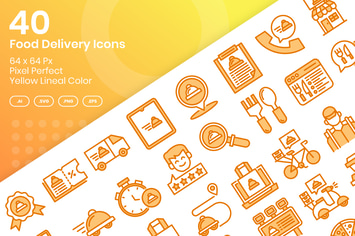 40 Food Delivery Icons Set - Yellow Lineal Color