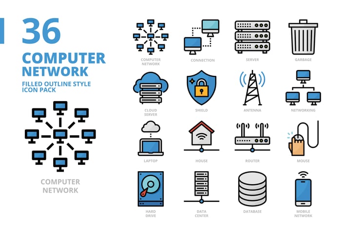 Computer Network Filled Outline Style Icon Pack