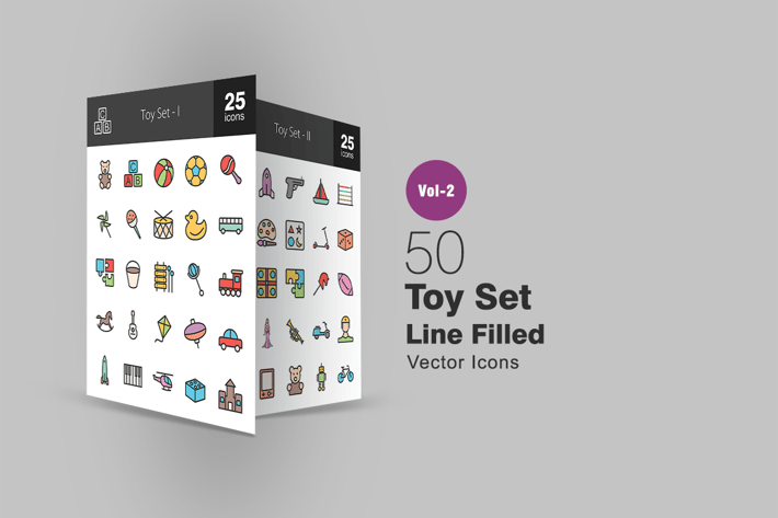 50 Toy Set Line Filled Icons