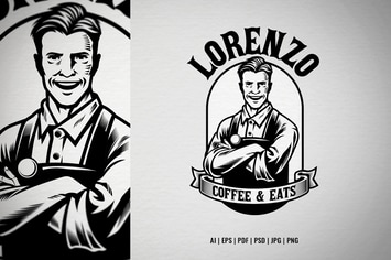 Vintage coffee logo with barista mascot