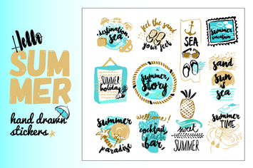 Set of hand drawn watercolor signs of summer.