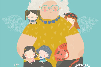 Cute cartoon grandmother hugging their grandchildr