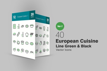 40 European Cuisine Green & Black Line Icons
