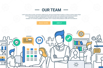 Our team line flat design banner with office