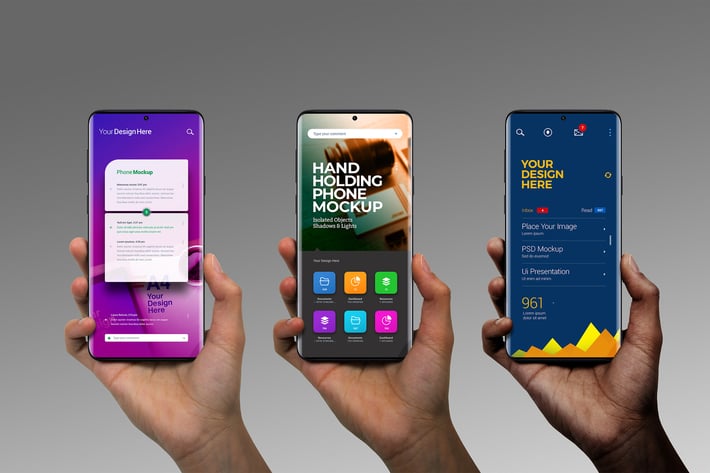 Hand Holding Phone Mockup Curved Edge Display Set