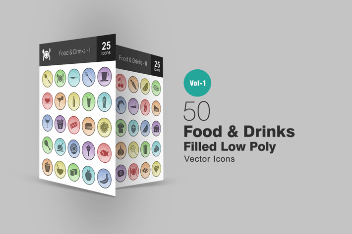 50 Food & Drinks Filled Low Poly Icons