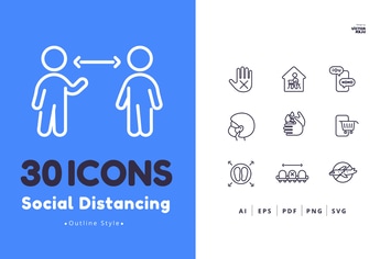 30 Social Distancing Icons Outline Style