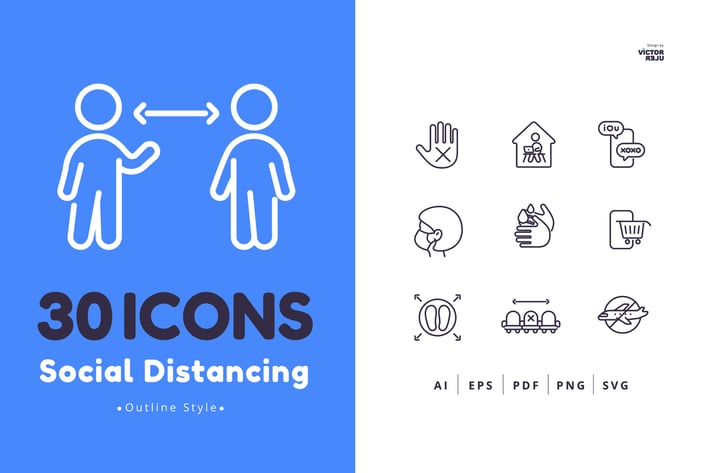 30 Social Distancing Icons Outline Style