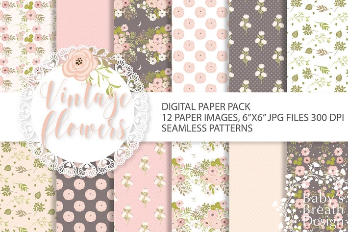 Vintage flower digital paper pack