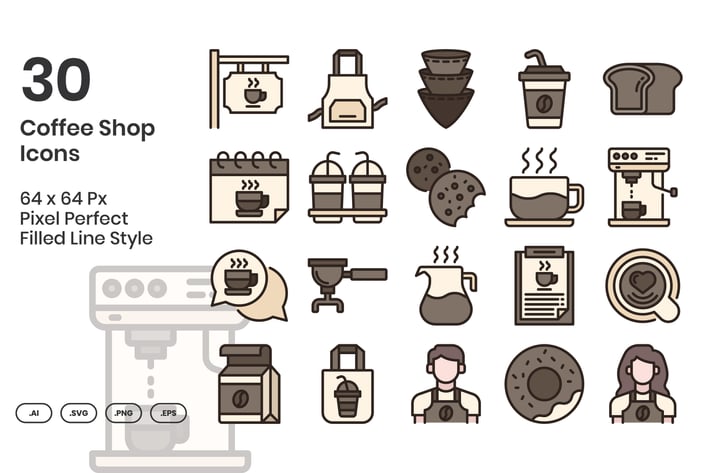 30 Coffee Shop Icons Set - Filled Line