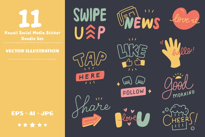 Kawaii Social Media Stickers Doodle Set