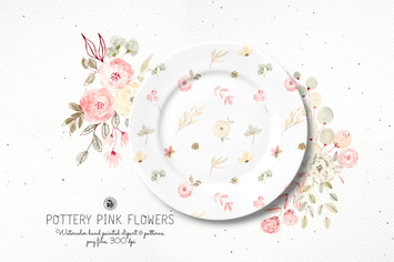 Watercolor Pottery Pink Flowers clipart