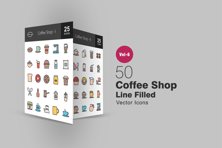 50 Coffee Shop Filled Line Icons