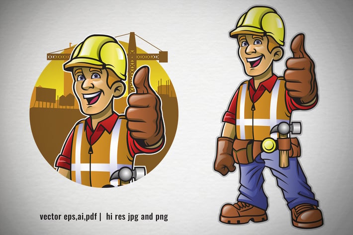 set of happy cartoon construction worker