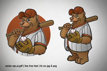 set cartoon of brown bear baseball player