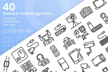 40 Device & Technology Icons Set - Line