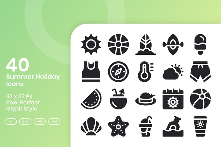 40 Summer Holiday Icons Set - Glyph