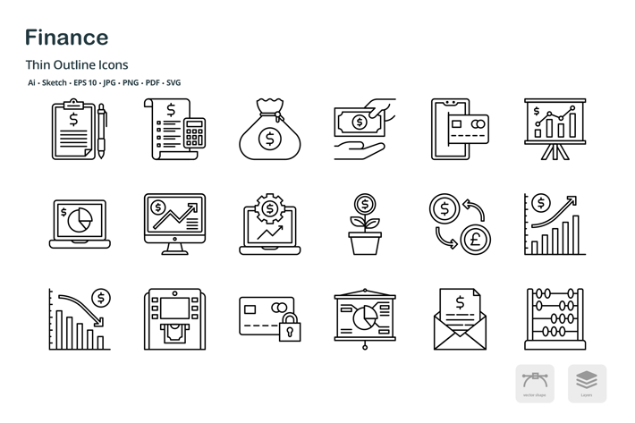 Money and Finances thin outline icons
