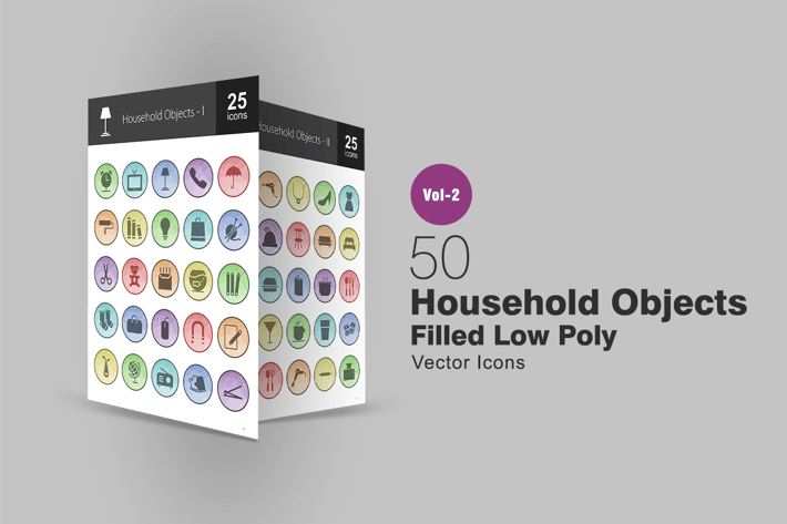50 Household Objects Filled Low Poly Icons