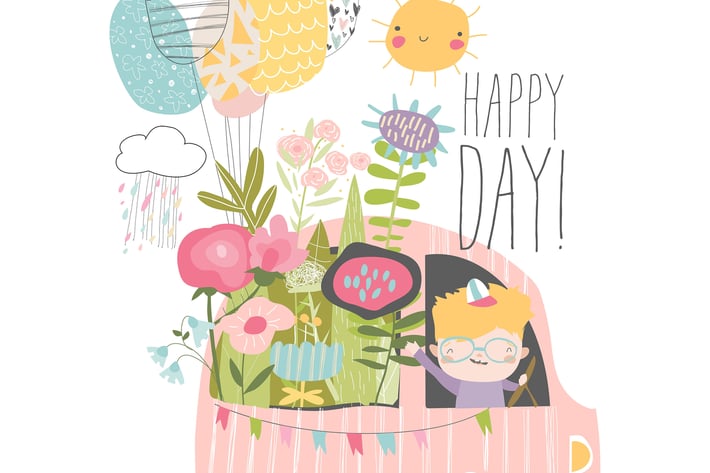 Little boy driving a car with flowers. Vector 