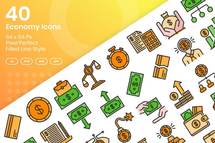 40 Economy Icons Set - Filled Line
