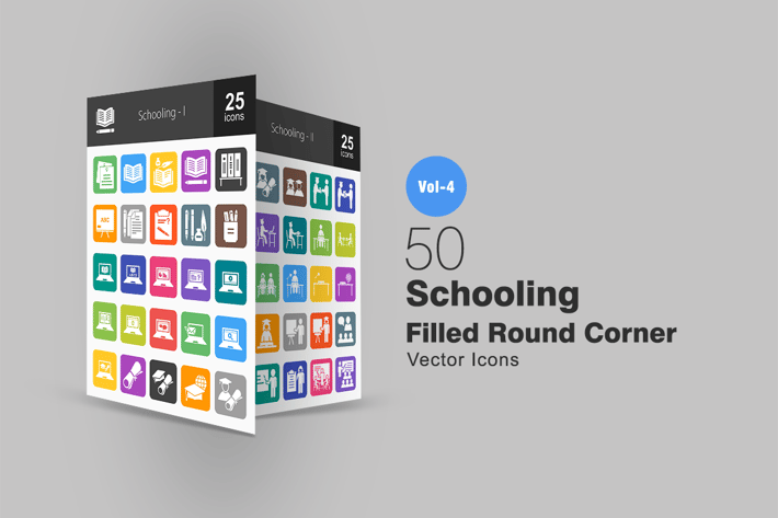 50 Schooling Flat Round Corner Icons