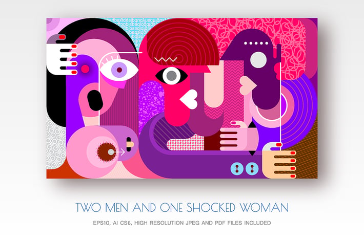 Two men and one shocked woman vector illustration