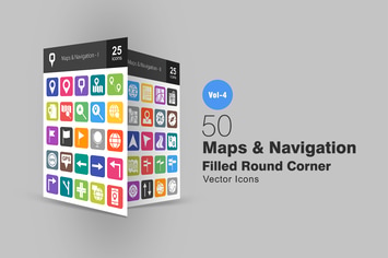 50 Maps & Navigation Flat Round Corner Icons