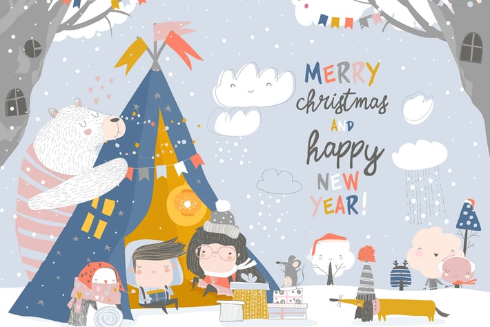 Kids celebrating Christmas with animals in a teepe