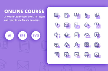 Online Course Icons (Line and Solid)