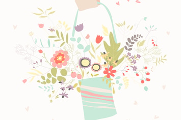Hand holding bouquet flowers. Vector greeting card