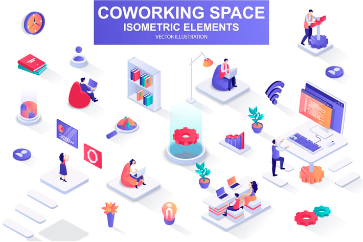 Coworking Space Isometric Design Elements