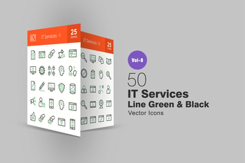 50 IT Services Green & Black Line Icons
