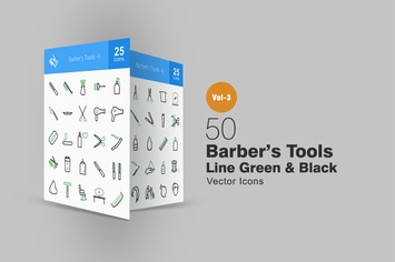 50 Barber’s Tools Line Green & Black Icons