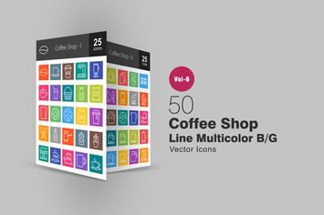50 Coffee Shop Line Multicolor B/G Icons