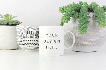 White coffee mug mockup plants bowls