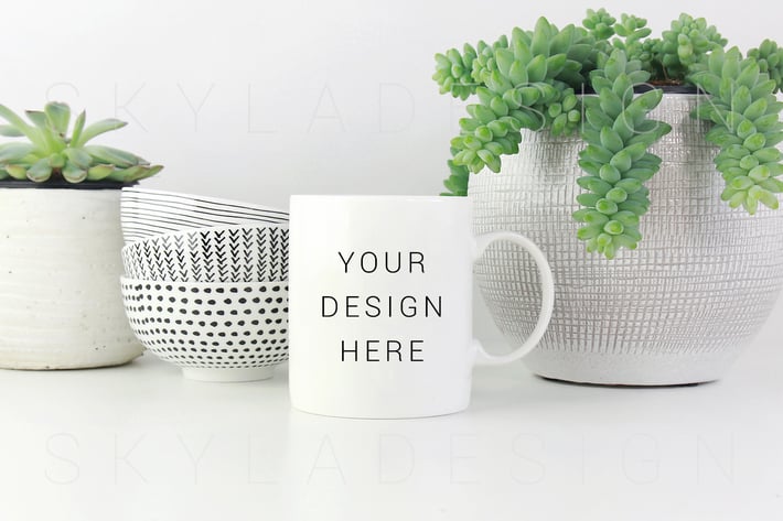 White coffee mug mockup plants bowls