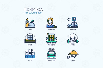Hotel - modern vector flat line design icons set