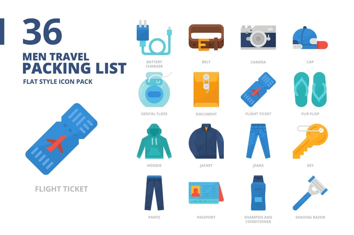Men Travel Packing Flat Style Icon Set