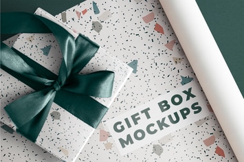 Terrazzo gift box mockup with green ribbon
