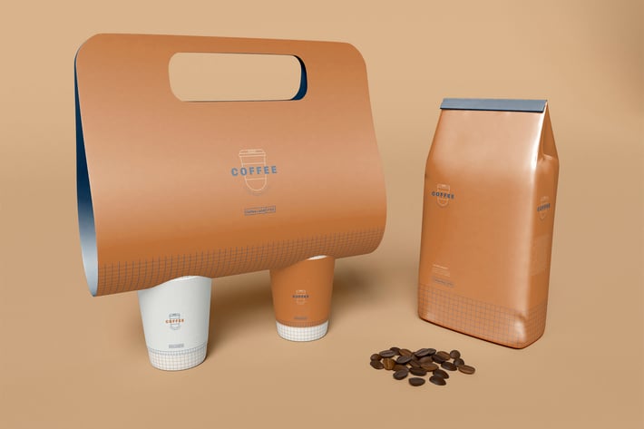 Coffee Cups With Beans And Paper Bag Mockup