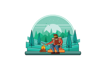 Camping Outdoor at Night Graphics Line Illustrator