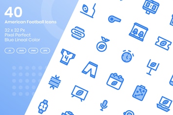 40 American Football Icons Set - Blue Lineal Color