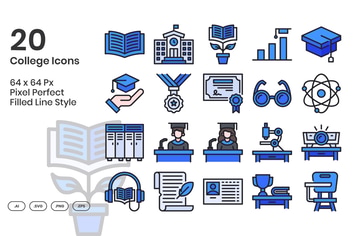 20 College Icons Set - Filled Line