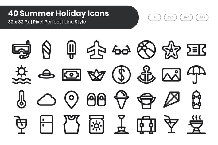 40 Summer Holiday Icons - Line