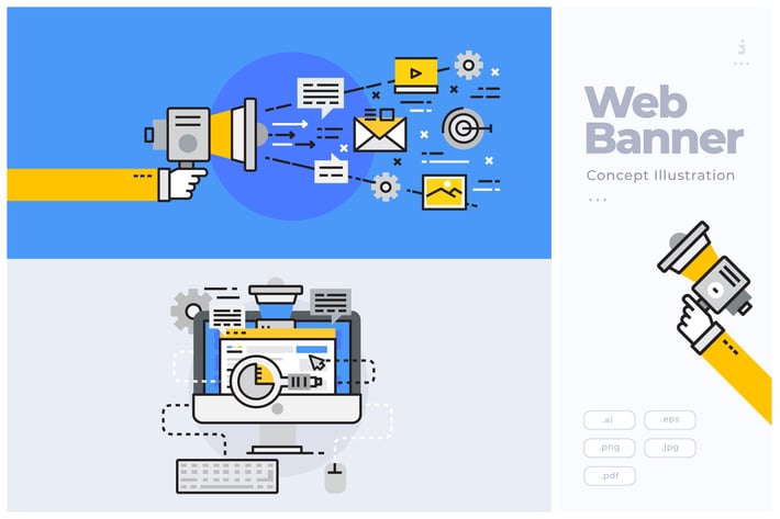 Flat Line Banner Concept of Digital Marketing