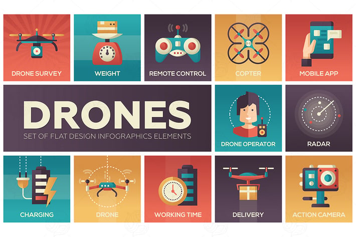 Drones - set of flat design infographics elements