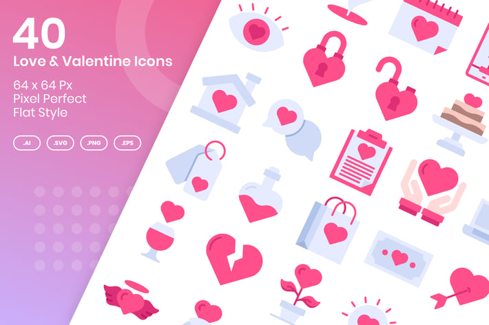 40 Love & Valentine Icons Set - Flat