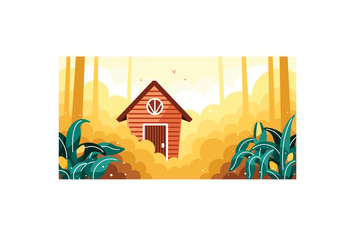 Simple cornfields and small house illustration
